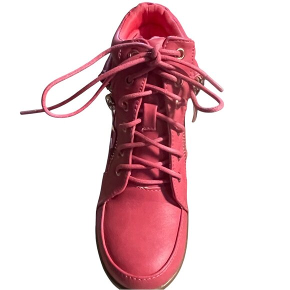 Lucky Top Girls Pink Wedge Sneakers | Lace-Up Leatherette Shoes with Side Zipper - Picture 5 of 7